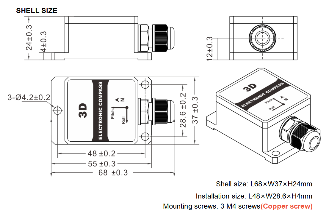 Digital Compass Sensor with 0.8° Heading Accuracy and RS232/RS485/TTL Output for Navigation Systems