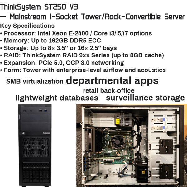 ThinkSystem ST250 V3 Tower Server with Xeon Processor DDR5 Memory and Hot-Swap Drive Bays