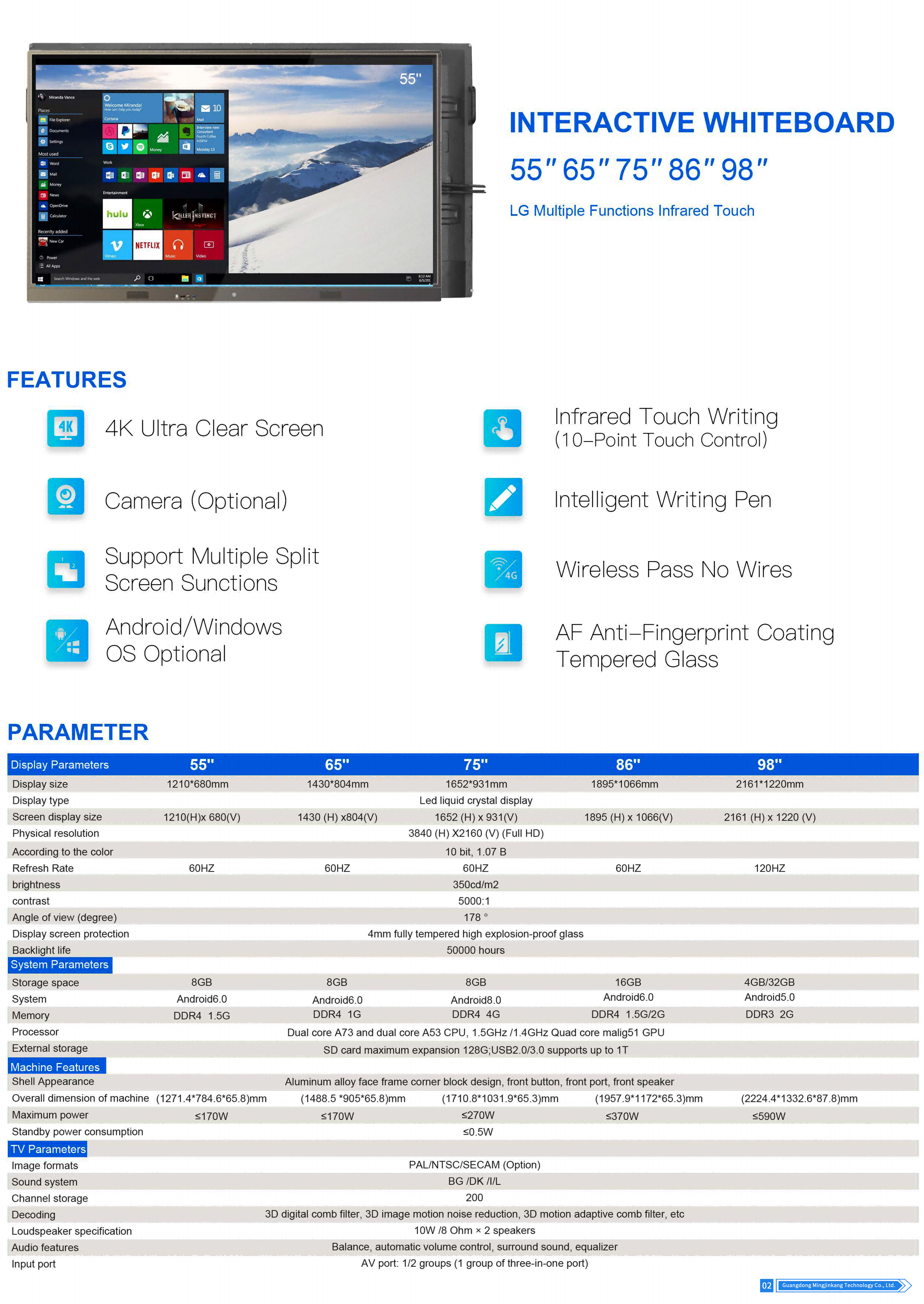 2026 55 Inch 4K Resolution Android Windows LCD 20 Point Touch Screen Interactive Smart Board for School and Office