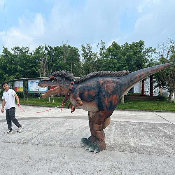 Mechanical walking velociraptor costume in action display