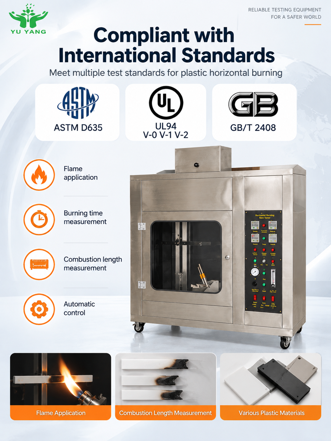 Plastic Horizontal Burning Rate Test Apparatus with Adjustable 90°,45° Angle and Sealed Toughened Glass Observation Window for UL94 HB V0 V1 V2