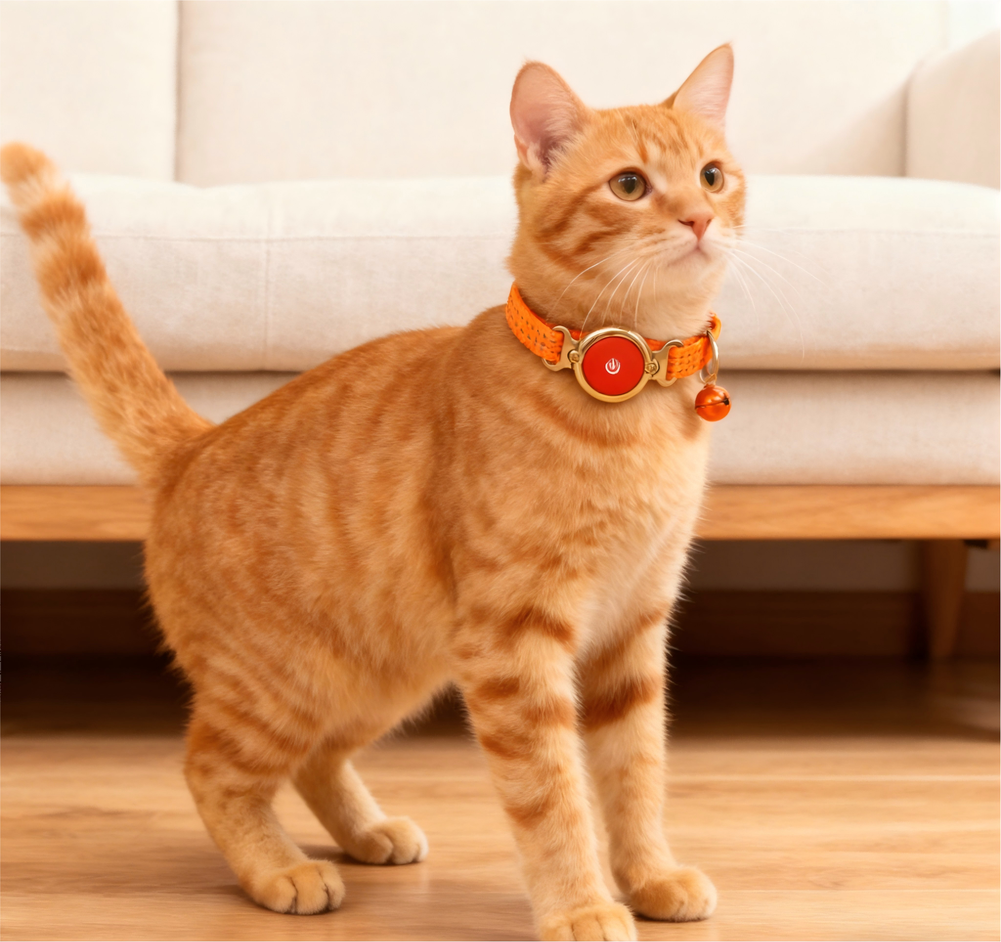 Metal Buckle Pet Collar for Cats Orange Smart Round Power Button Bell Durable Webbing