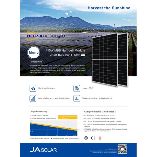 JAM54S30-410/MR Mono Half Cell Solar Panel JA PV Module 108 Cells