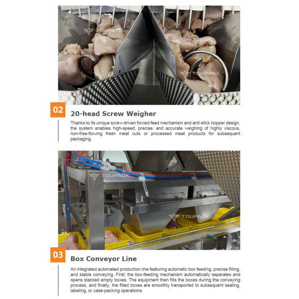 High-Speed Automatic Meat Tray Packing Line with Screw Feed Multihead Weigher for Sticky and Fresh Proteins