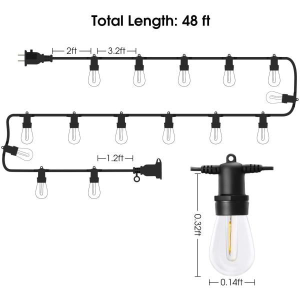 Weatherproof IP65 48FT Patio String Outdoor Deck Lights