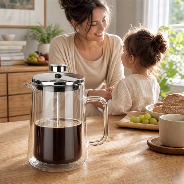 High Borosilicate Vertical Stripe Double Wall Coffee Maker French Press With Handle