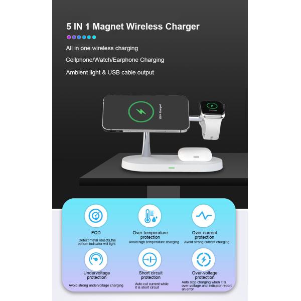 Multi-Functional 5-in-1 Wireless Charging Station with 2W Night Light and USB Output