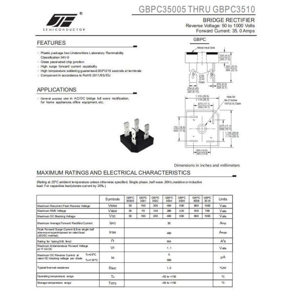 GBPC3506 35A 600V BRIDGE RECTIFIER DIODE WITH GBPC PACKAGE LUMINOUS INTENSITY NONE