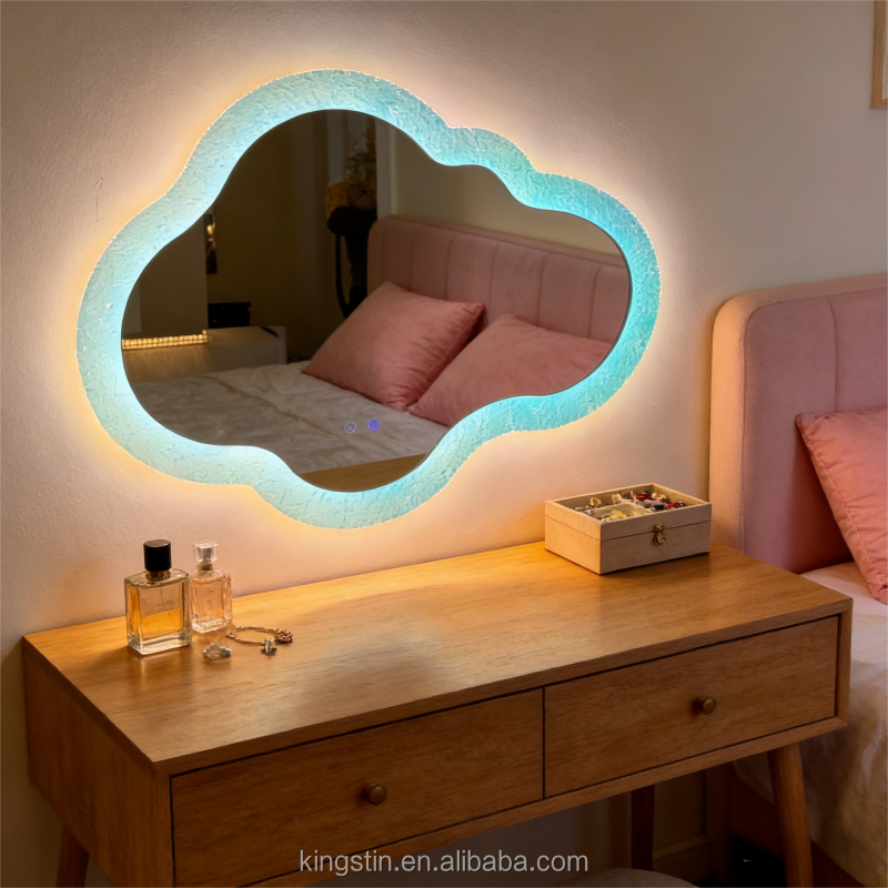 Gradient Light Cloud LED Mirror with Textured Frame - Ambient Decorative Mirror for Bedroom/Study/Living Room Vanity