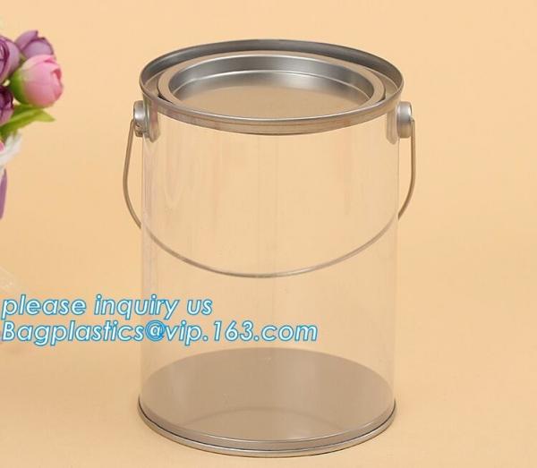 clear PVC PET can for food canning,Customized round clear paint can with tin lid,paint can with tin top & bottom and han