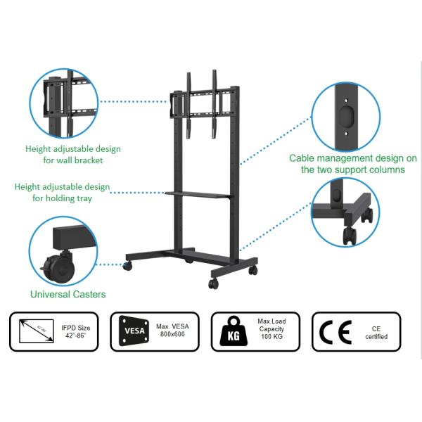 Portable mobile stand for smart interactive flat panel displays 55-86 inch. Easy to move, durable, and space-saving. Ideal for classrooms, offices,