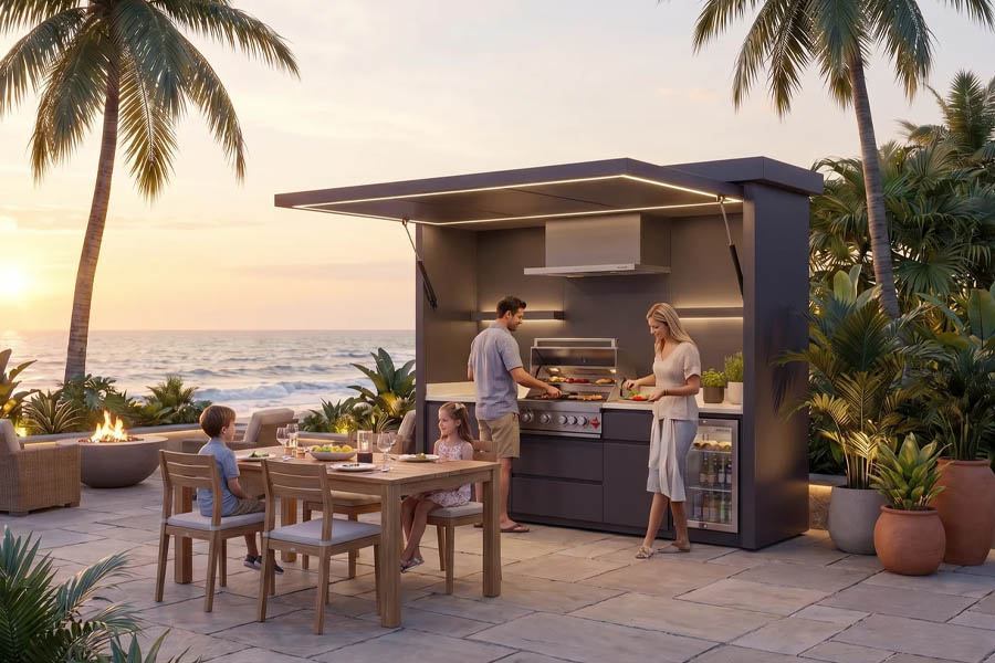 Five Burner Gas Outdoor Kitchen Bbq Pod Waterproof Solid Perimeter Panel Multiple Size