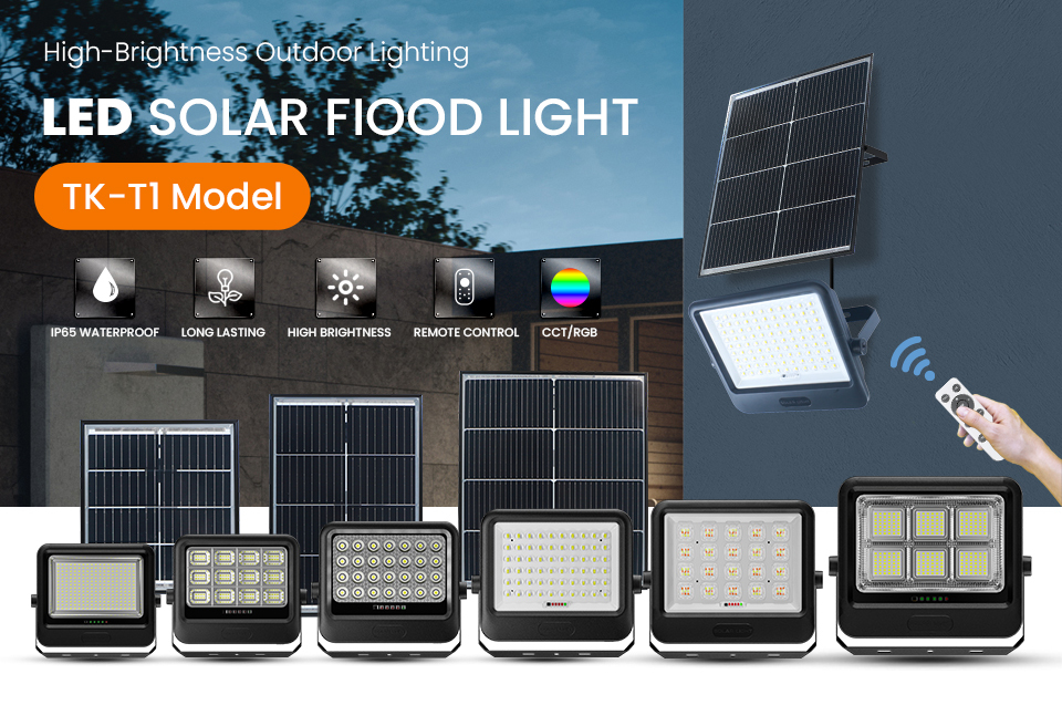 TK-T1 LED Solar Flood Light, Upgraded Topcon Solar Panel, IP65 Waterproof, Remote Control & RGB Optional, Outdoor Solar Security Flood Light