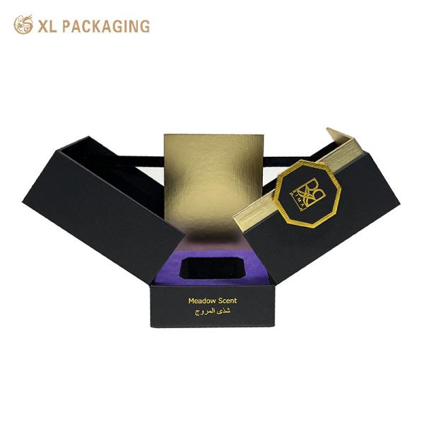 Custom two door magnetic closure perfume box showing black gold luxury design