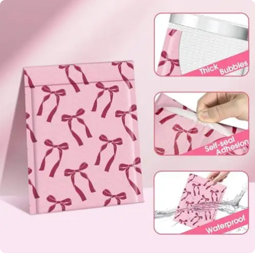 Pink Bow Design Pack Bubble Mailing Bag Waterproof Tear Resistant Padded Envelopes for Small Business Shipping