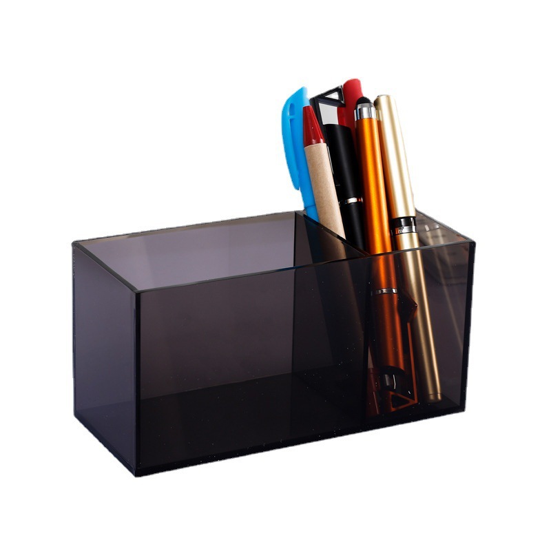 Modern 2-Grid Acrylic Transparent Storage Pen Holder Simple Rectangle Plastic Stationery Storage Box for Sorting Desktop Debris