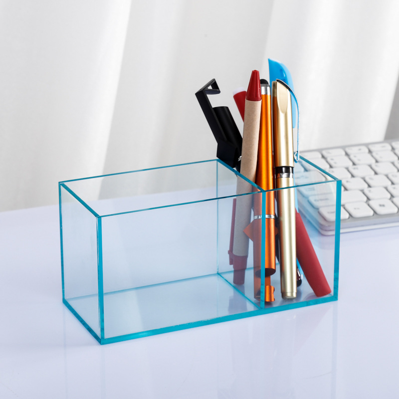 Modern 2-Grid Acrylic Transparent Storage Pen Holder Simple Rectangle Plastic Stationery Storage Box for Sorting Desktop Debris