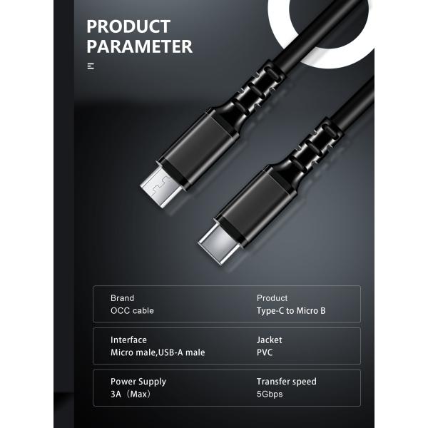 2A 3Feet Black Data USB Cable , CE ROHS USB C To Micro USB Cable