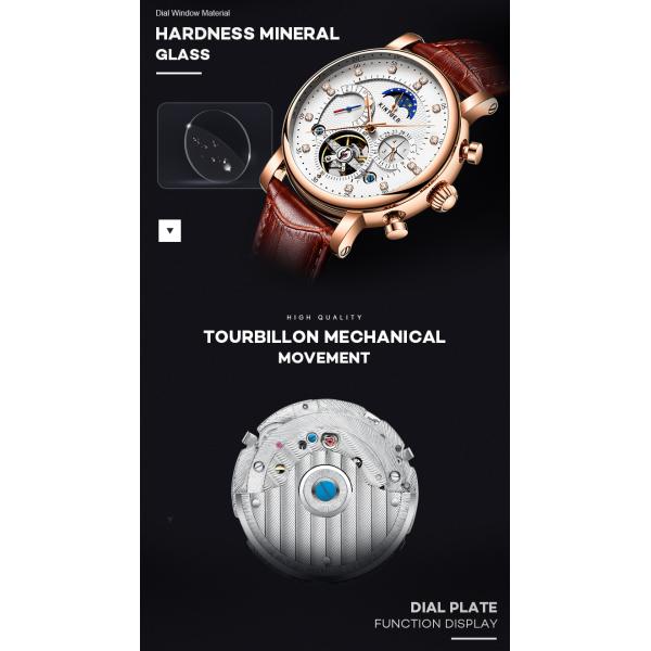 Automatic Mechanical Watch Leather Moon Phase With Diamond Crystal Mechanical Watch For Men