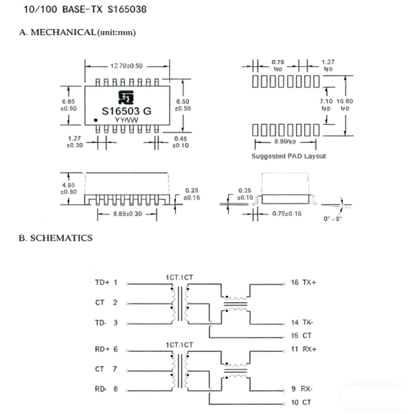 S16503G Ethernet LAN Transformer For 10/100BASE-TX SMD Package