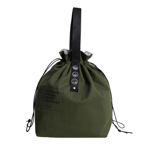 Customized Insulated Bento Bag Wide Opening Canvas Drawstring Lunch Bag
