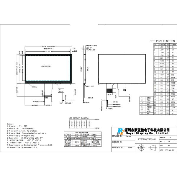 Customized 500nit 1000 Nit 1024x600 Resolution RGB 7 Inch TFT LCD With Touch Panel