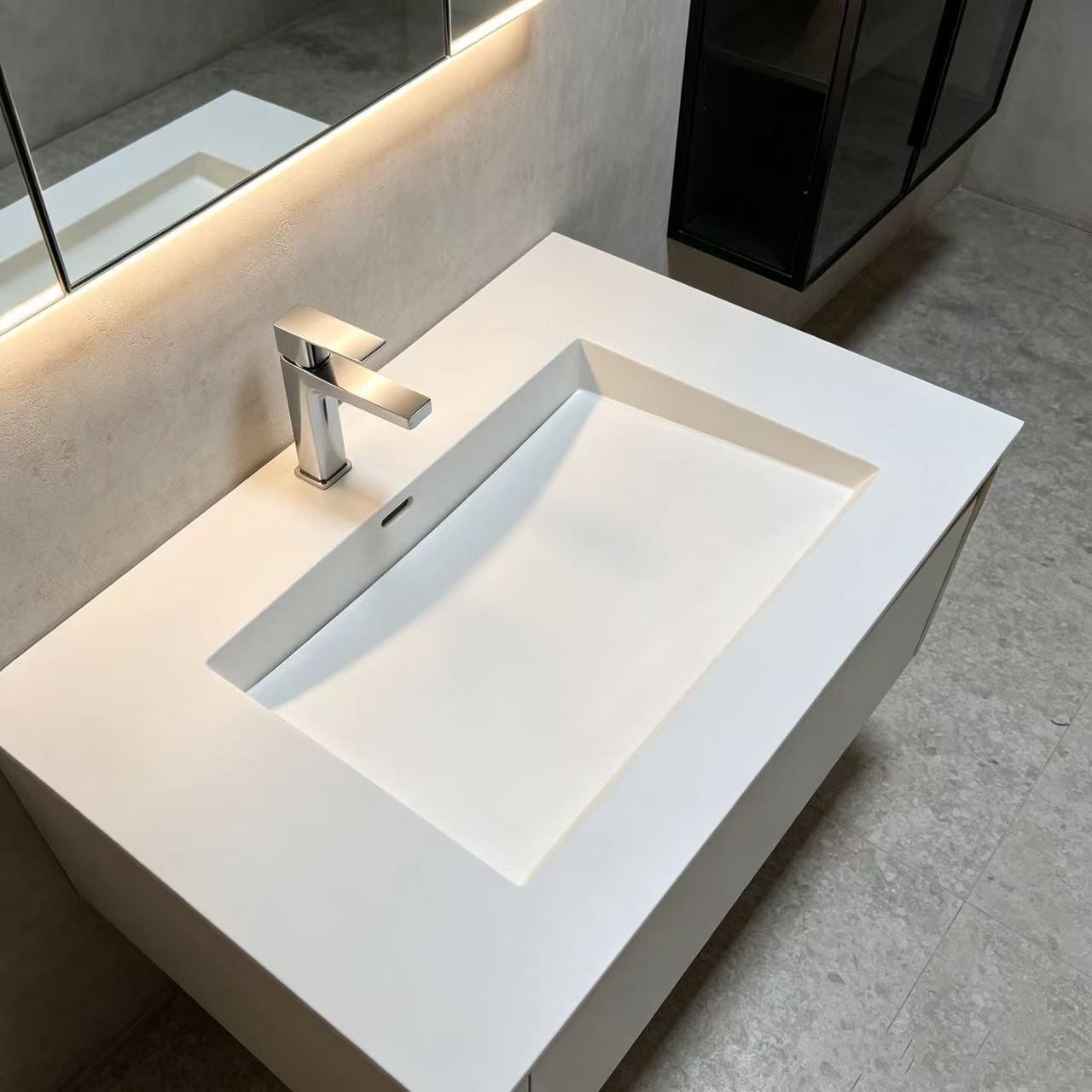 SOLID SURFACE RECESSED RECTANGLE INTEGRATED VANITY BASIN,SOLID SURFACE RECESSED SINK, RECTANGULAR INTEGRATED VANITY BASIN, SEAMLESS ARTIFICIAL STONE