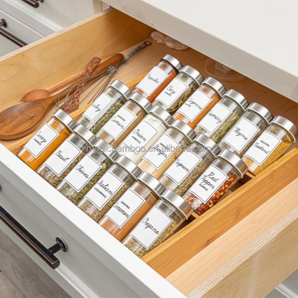 18 Jar Bamboo Spice Organizer Space-Saving Solution for Countertop and Kitchen Drawer