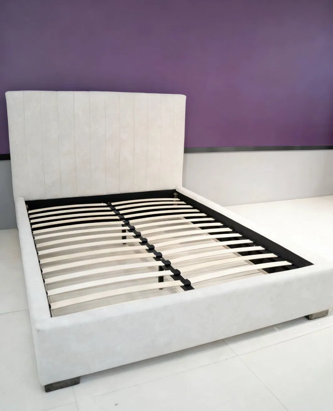 Premium Cream Velvet Upholstered Platform Bed with Solid Frame
