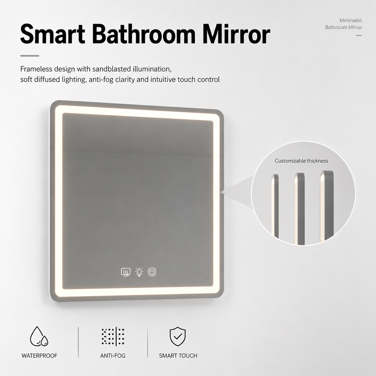 Kingstin Frameless LED Bathroom Mirror Smart Defogging Motion Sensor Wall Vanity Mirror 3-Color Light Time Display