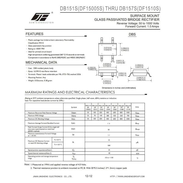 DB157S Luminous Intensity None Luminance Surface Mount Glass Passivated Bridge Rectifier