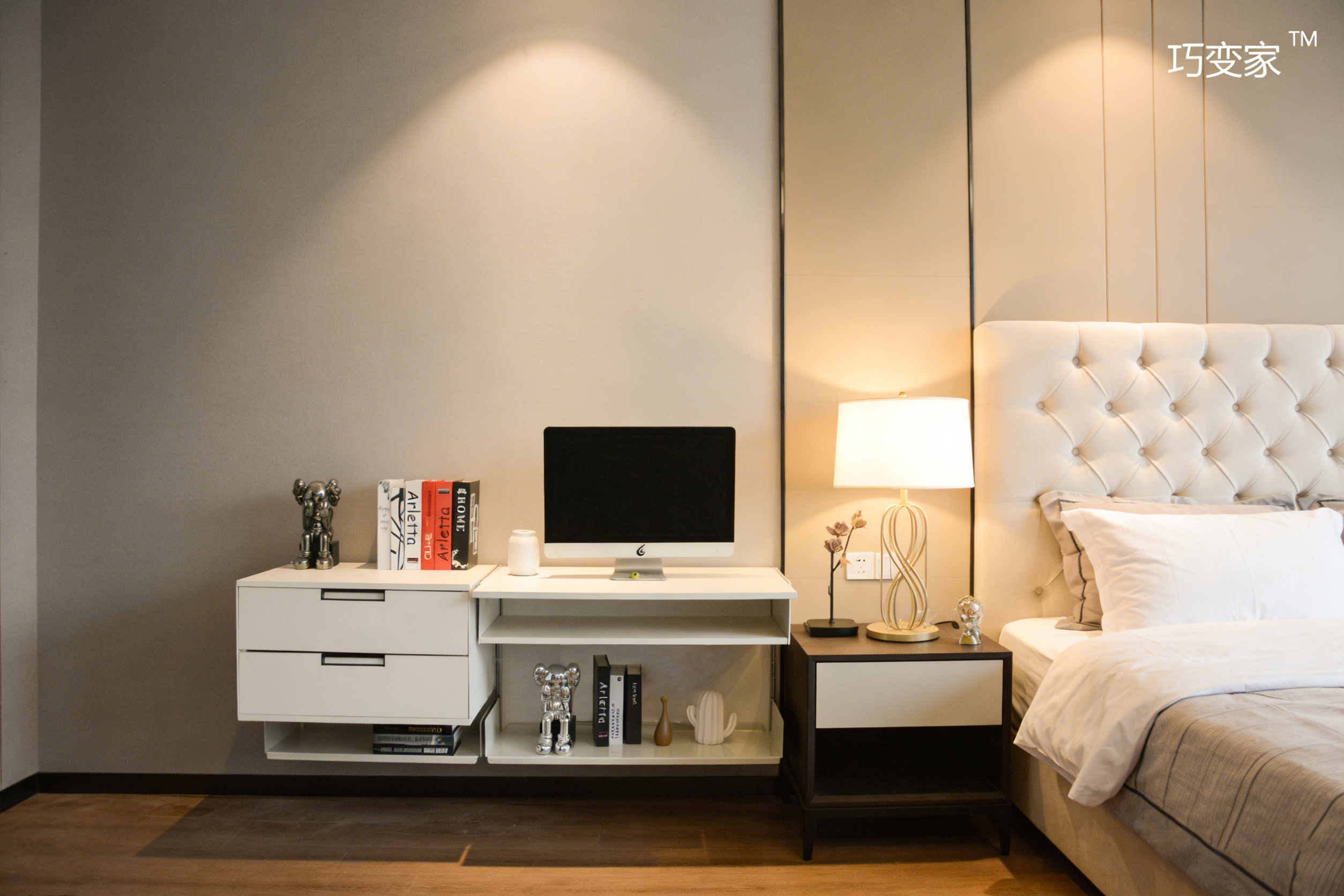 White Modular Wall Shelving System Adjustable Track Mounted Floating Shelves with Drawer