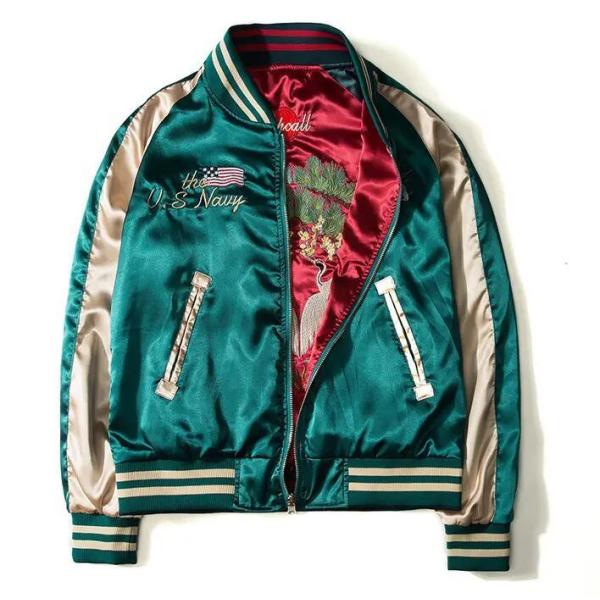 College Jacket Embroidered Satin Baseball Jacket Reversible Bomber for Men