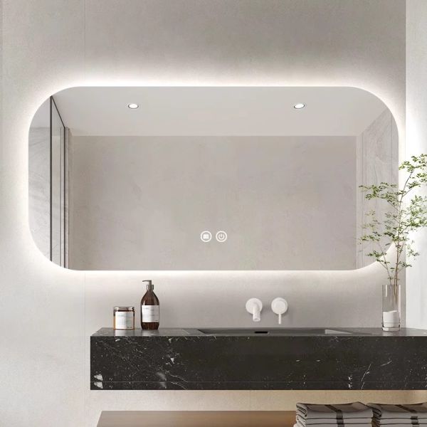 Kingstin Panoramic Frameless Smart LED Bathroom Mirror - Rounded Backlit Vanity Mirror with Defogger & Time Display
