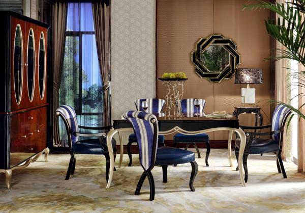 Buy Luxury room New classic Furniture Dining Tables and Wine Cabinet in glossy painting with Fabric Upholstered Chairs at wholesale prices