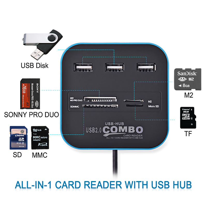 All In One 3 Port Card Reader Square Multi USB Splitter