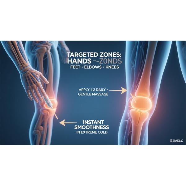 Strong anti-freeze repair cream for hands, feet, elbows, and knees, proven to prevent cracking in extreme cold.