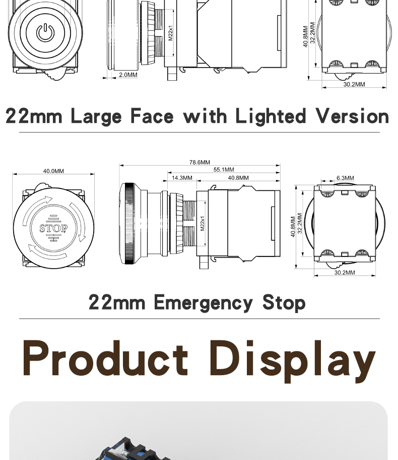 LA38 emergency stop button switch with light, self-locking and self-reset, ring light, 10A high-current power emergency stop button