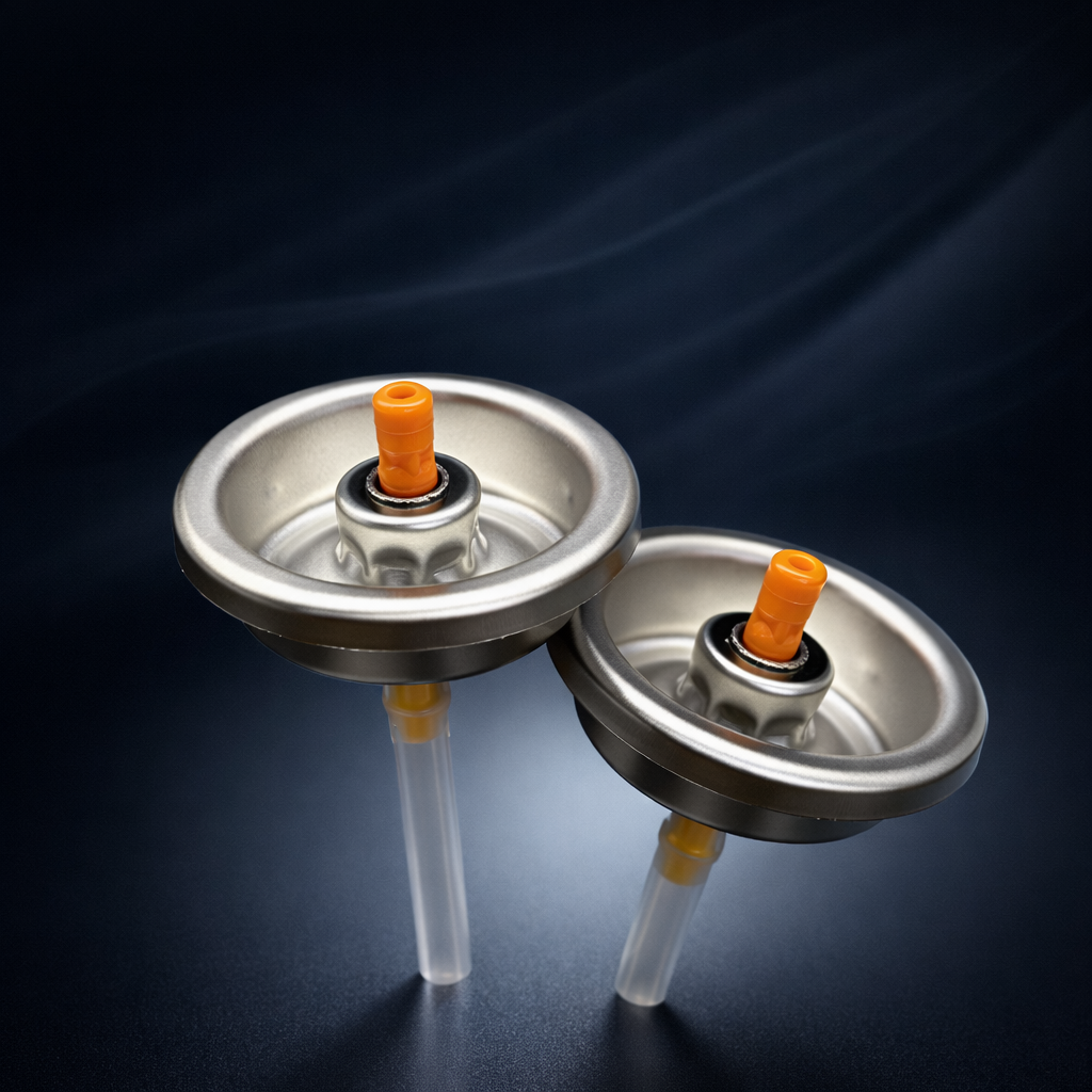 Foam applicator valve and cap assembly - front view