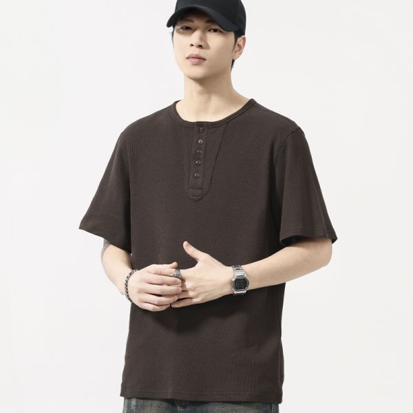 Minimalist Waffle O-Neck Regular Fit Solid Knitted Printed Cotton-Polyester Vintage T-shirt for Men's Autumn Casual OEM