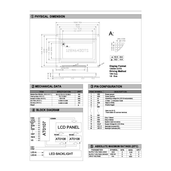 128*64 Graphic LCD Module With Backlight With AT0107/AT0108 Driver 20 Pin Industrial Display