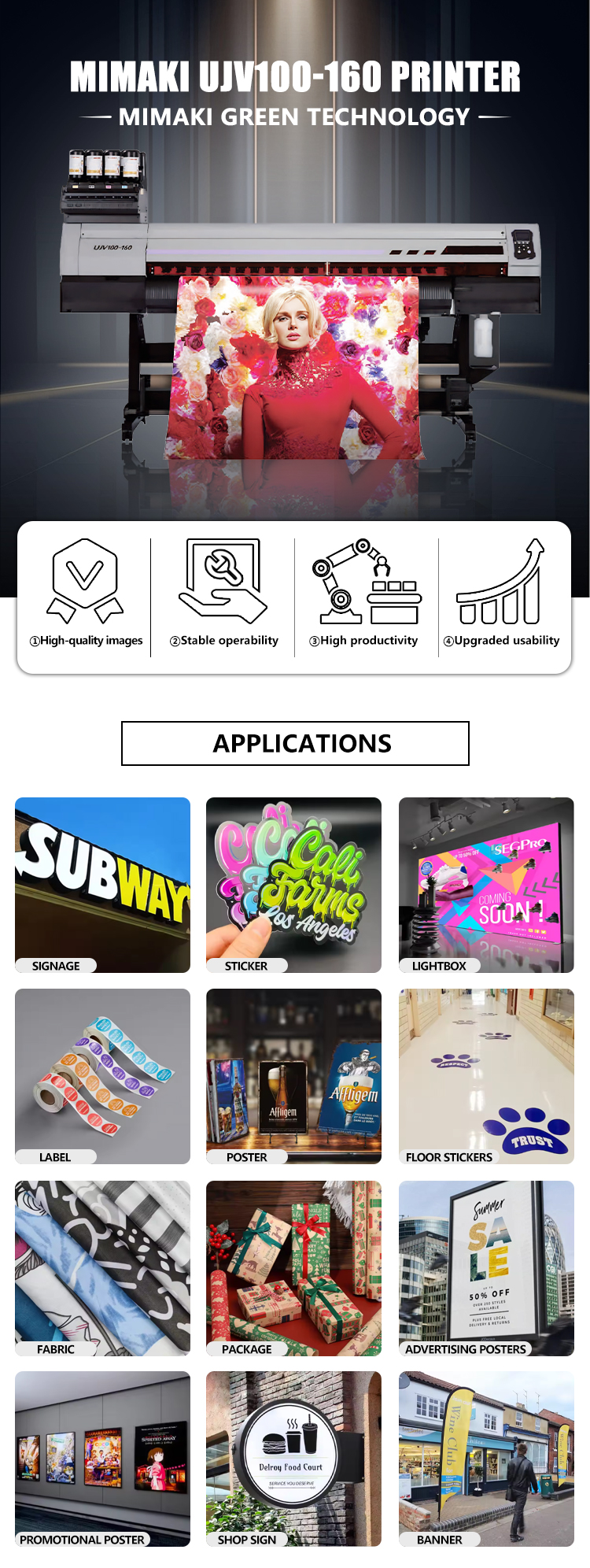 New Mimaki UJV100-160 Eco Solvent Inkjet Printer 6 Color DAS 1L Lus210 Ink High Efficiency Industrial Printing Machine