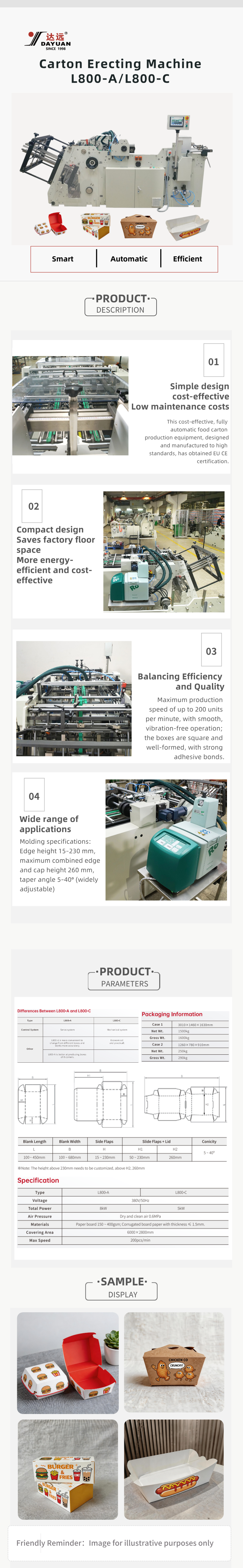 Dayuan L800 Series Single Channel Carton Forming Machine in operation