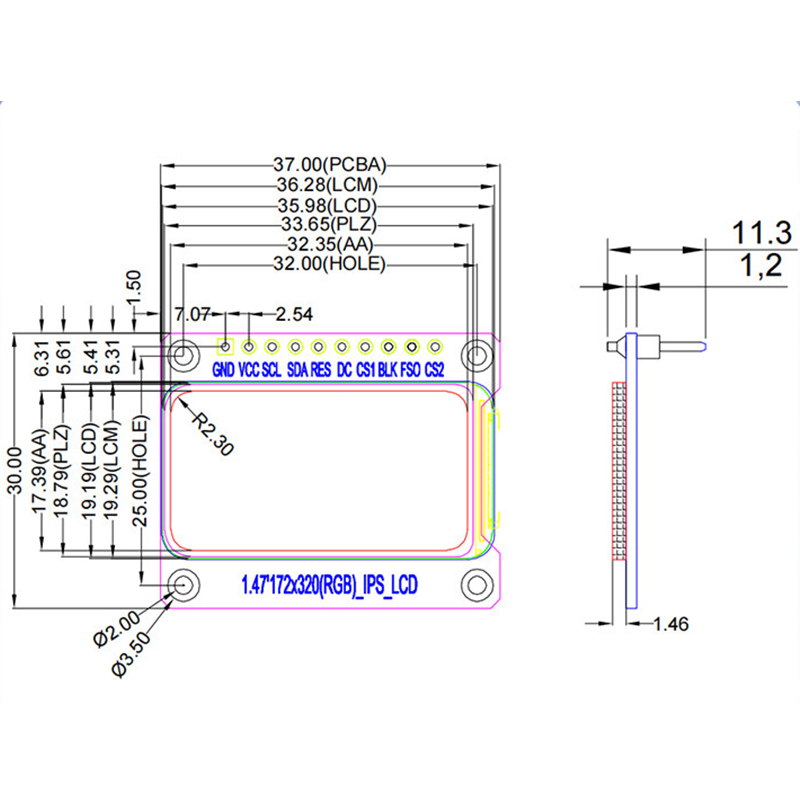 1.47-inch high-definition IPS display module with ST7789 driver, featuring a resolution of 172x320, equipped with a character library, and the display