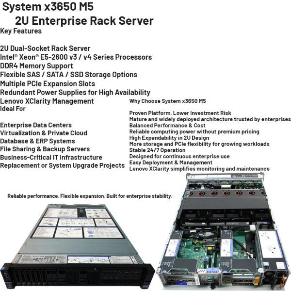 Lenovo System X3650 M5 2U Rack Server with Xeon Processor DDR4 Memory and Hot-Swap Drive Bays