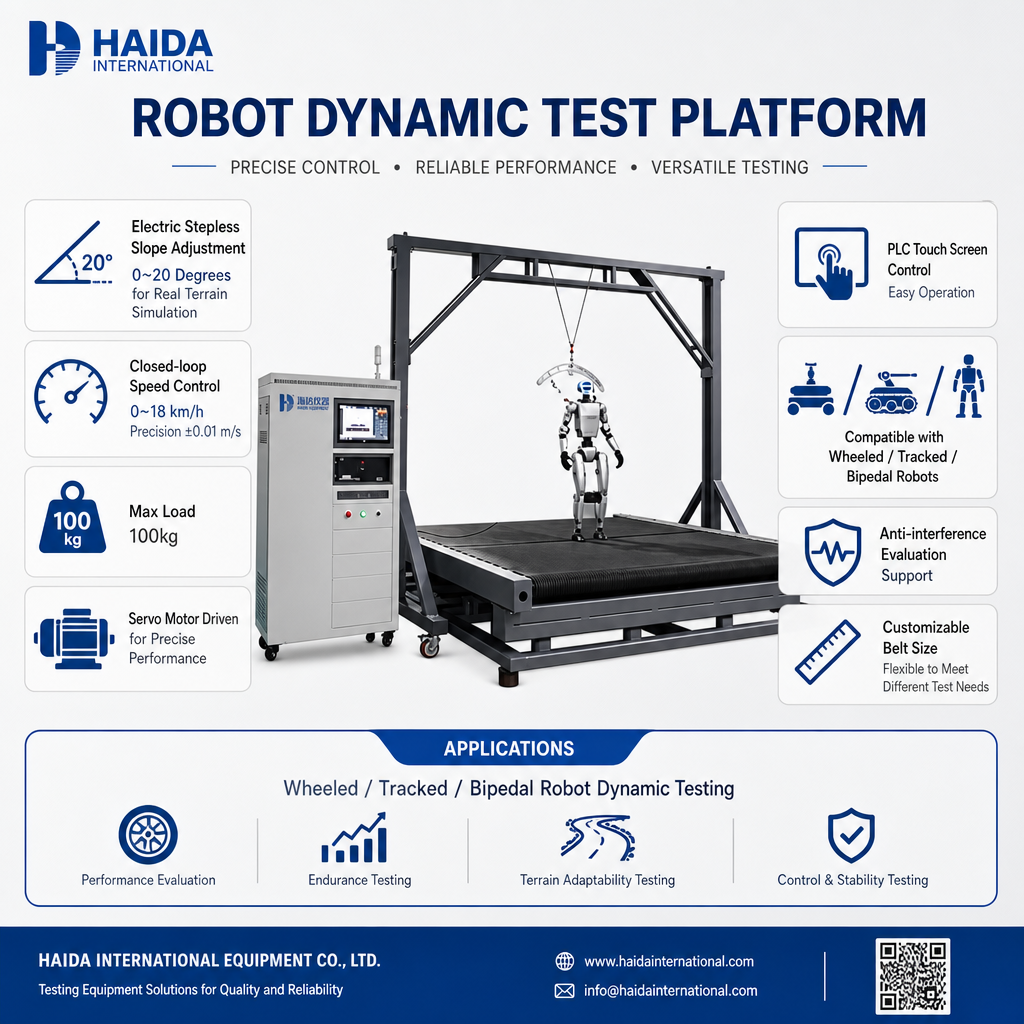 HD Robot Dynamic Test Platform Walking Stability Testing Machine Equipment Adjustable Slope 0 20 Degrees Speed Control 0 18 km/h