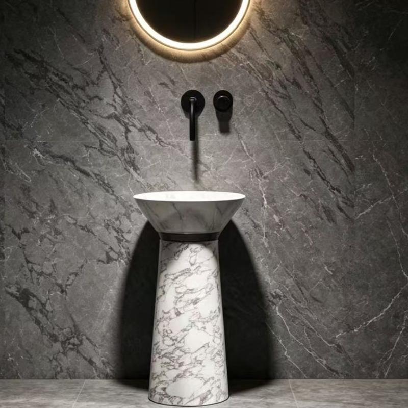 Flared Wide White Top Bathroom Pedestal Basin Sink Conical Grey Marble Solid Surface