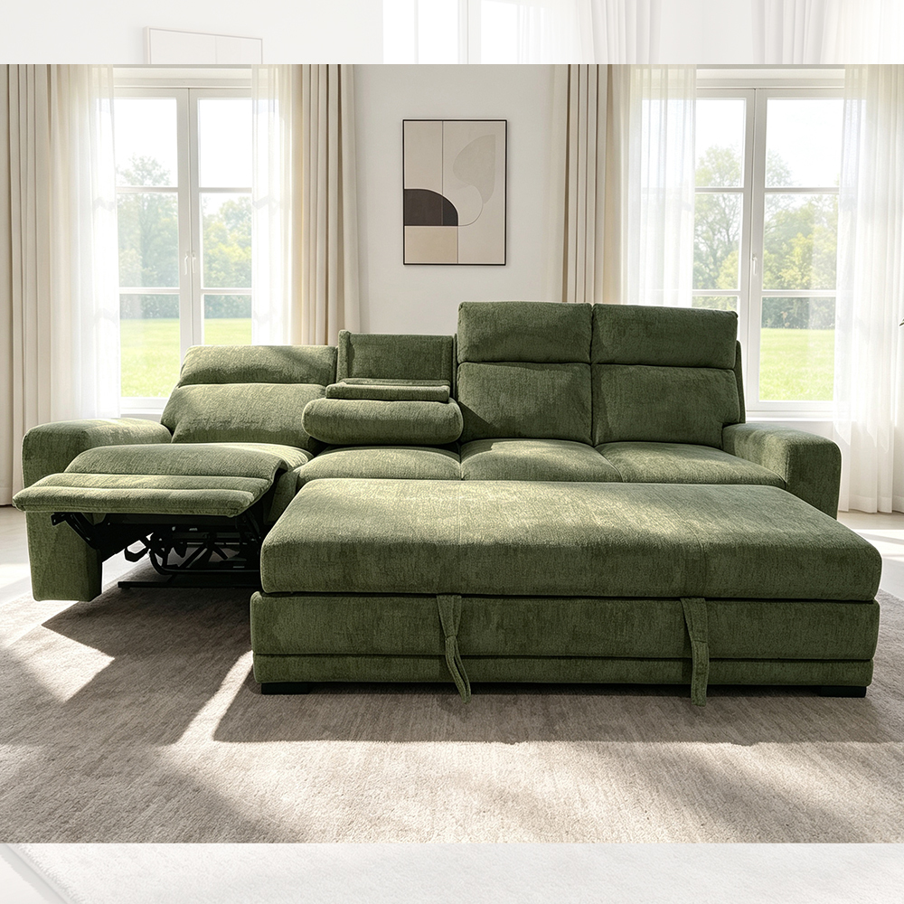 Big Sectional Sleeper Sofa with Pull-Out Bed and Dropdown Table and Power Recliner Chair, Green Fabric