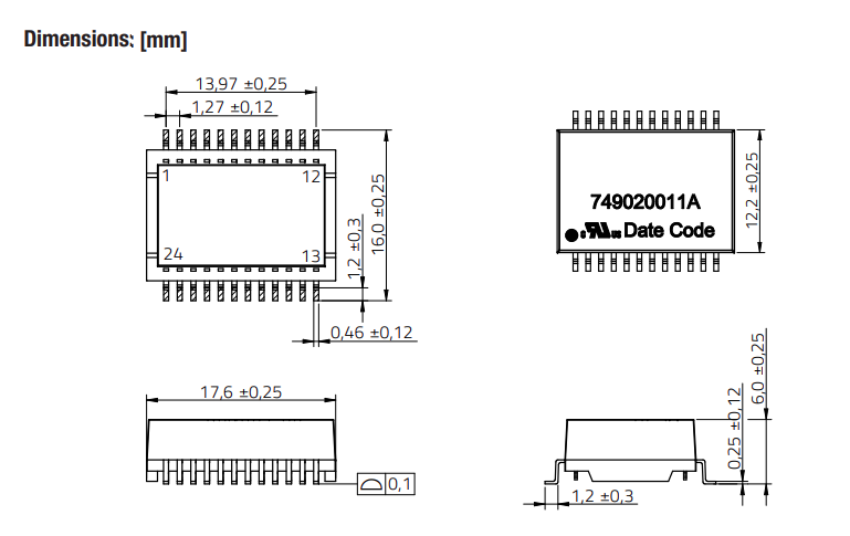 749020011A 1000Base-T Ethernet Transformer Surface Mounting