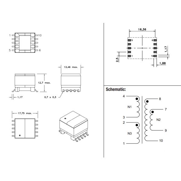 EP13 Surface Mount Power Over Ethernet Transformer 750032395